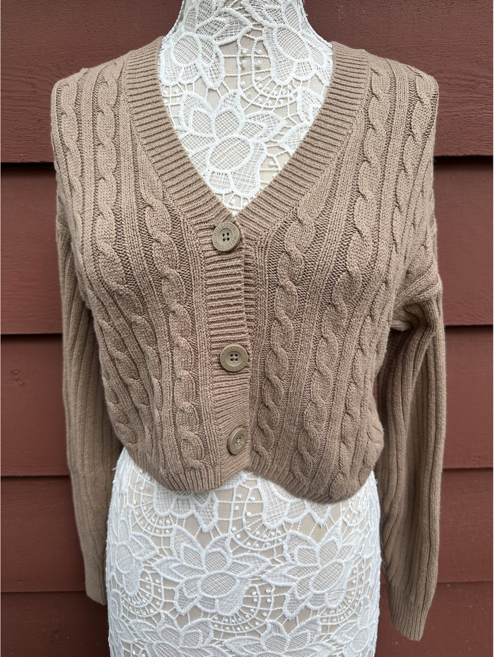 Hollister Co. Cropped Cable‎ Knit Cardigan Sweater in Warm Camel Tan